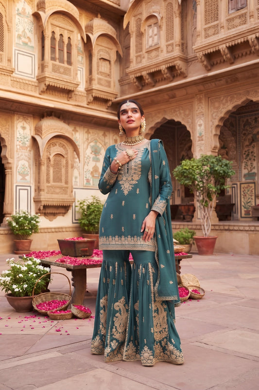 Teal Chinon Embroidered & Hand Work Designer Gharara Suit (Free Size Stitched)