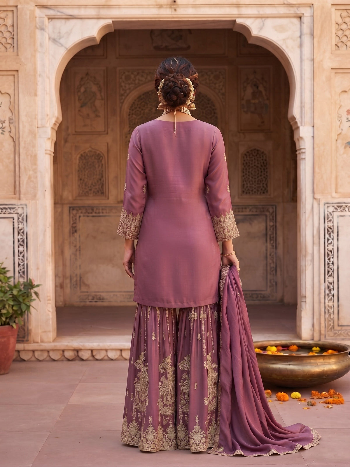 Mauve Chinon Embroidered & Hand Work Designer Gharara Suit (Free Size Stitched)