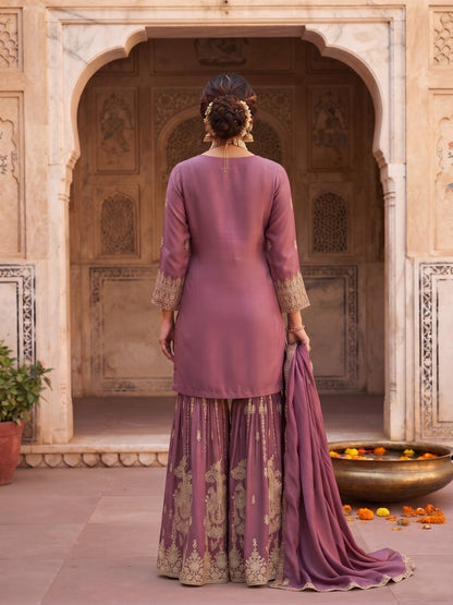 Mauve Chinon Embroidered & Hand Work Designer Gharara Suit (Free Size Stitched)