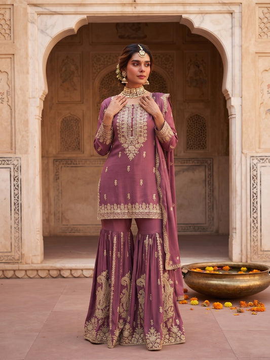 Mauve Chinon Embroidered & Hand Work Designer Gharara Suit (Free Size Stitched)