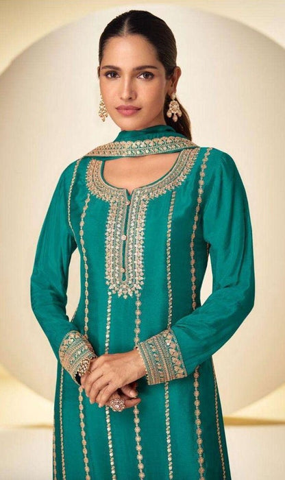 Teal Chinon Embroidered Sharara Suit (Free Size Stitched)