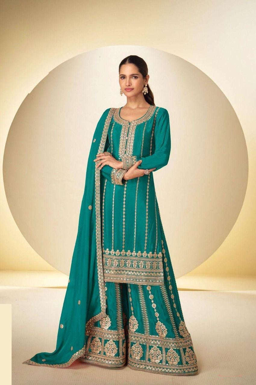 Teal Chinon Embroidered Sharara Suit (Free Size Stitched)