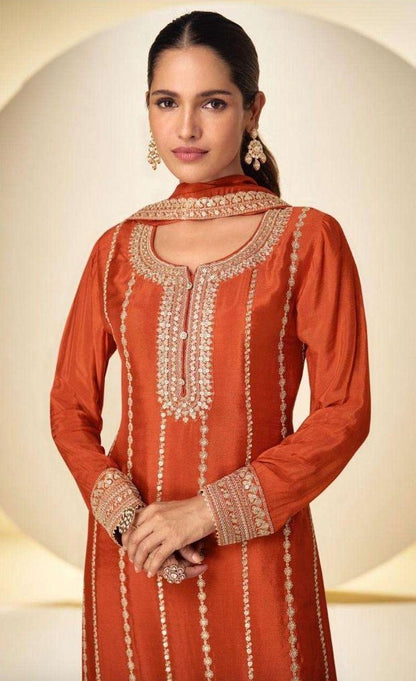 Orange Chinon Embroidered Sharara Suit (Free Size Stitched)