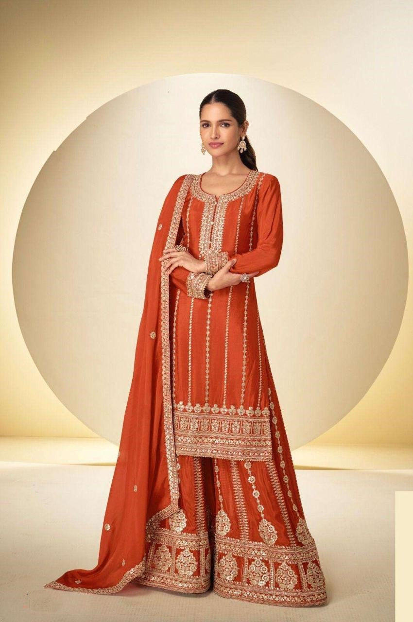 Orange Chinon Embroidered Sharara Suit (Free Size Stitched)