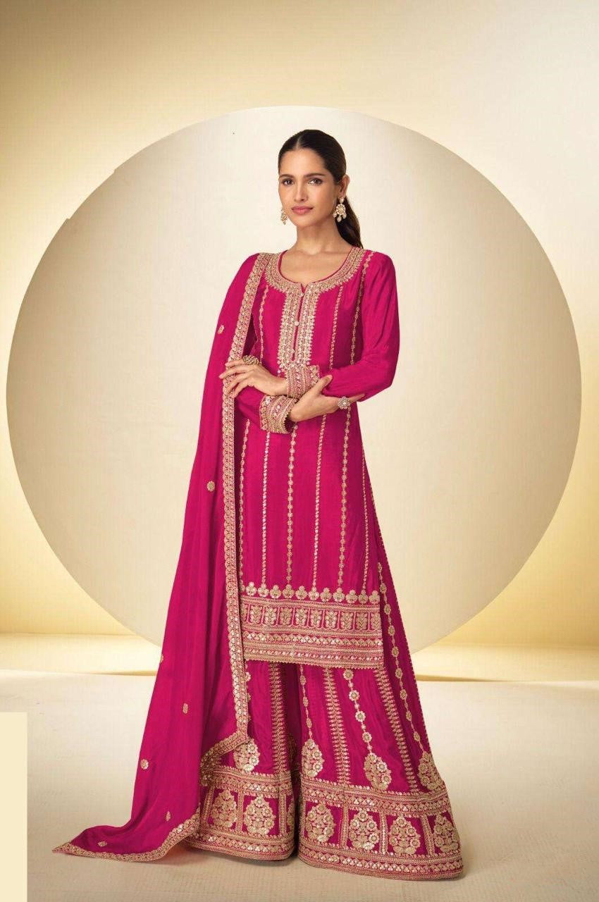 Pink Chinon Embroidered Sharara Suit (Free Size Stitched)