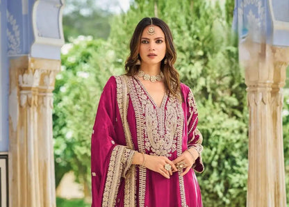 Magenta Chinon Embroidered Palazzo Suit (Free Size Stitched)