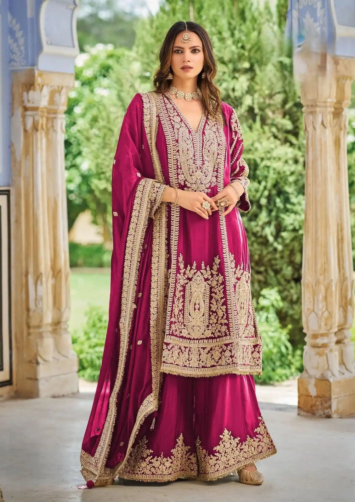 Magenta Chinon Embroidered Palazzo Suit (Free Size Stitched)