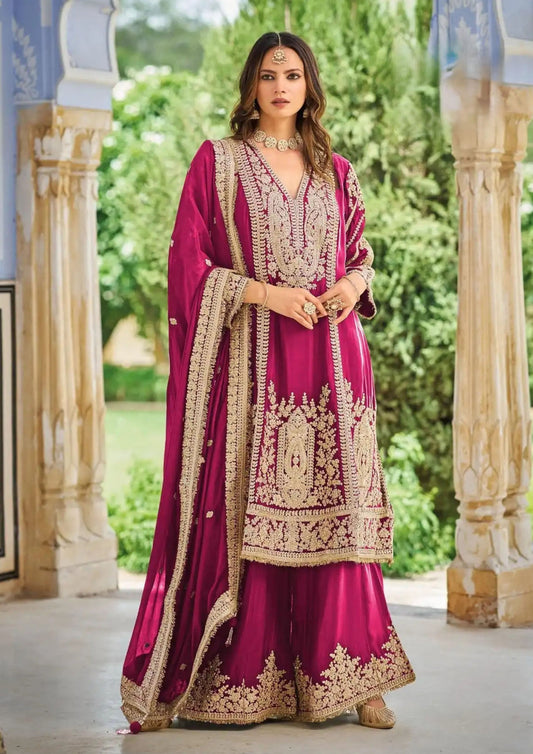 Magenta Chinon Embroidered Palazzo Suit (Free Size Stitched)