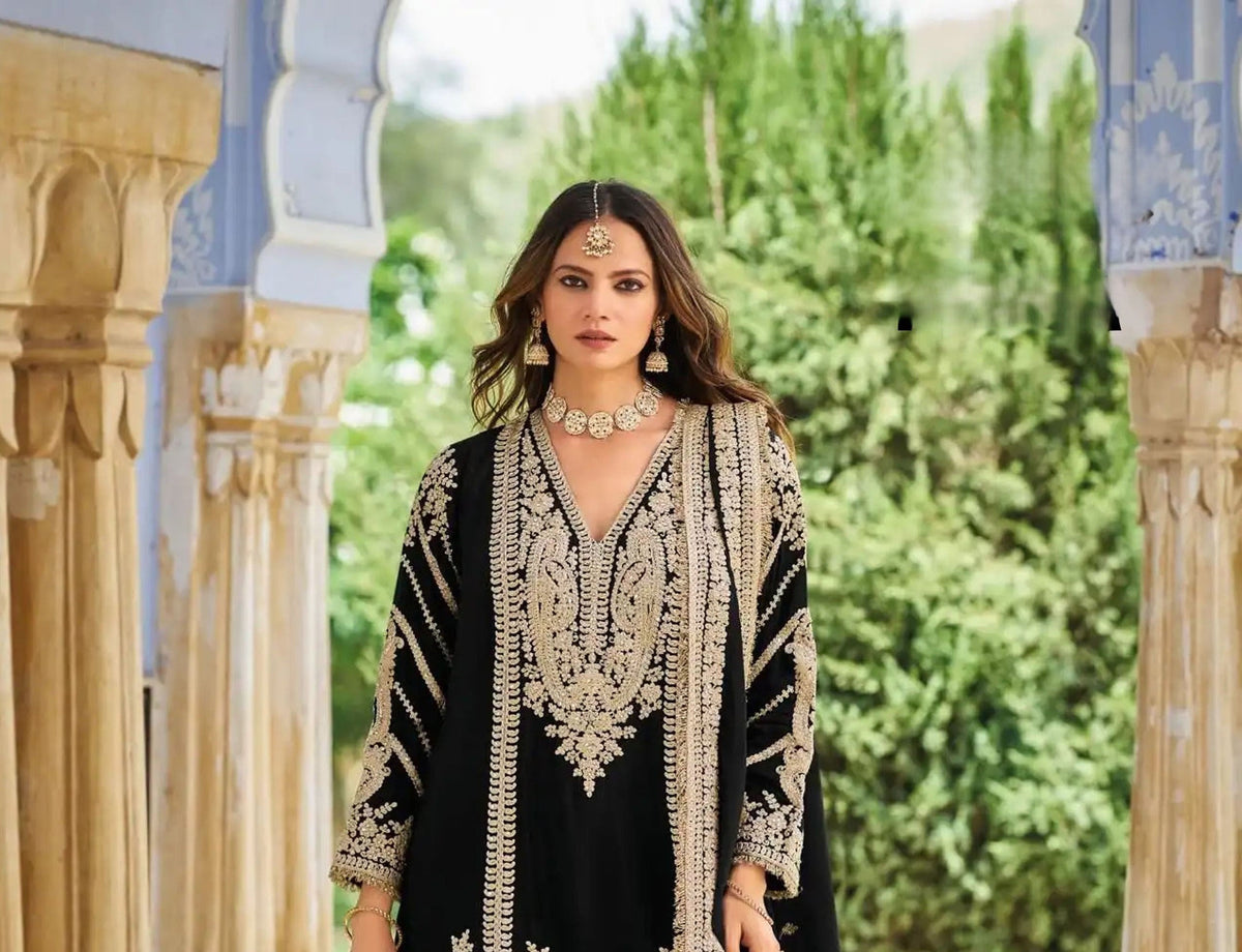 Black Chinon Embroidered Palazzo Suit (Free Size Stitched)