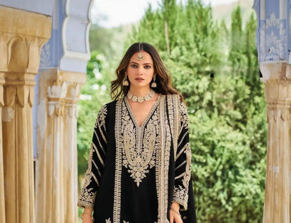 Black Chinon Embroidered Palazzo Suit (Free Size Stitched)