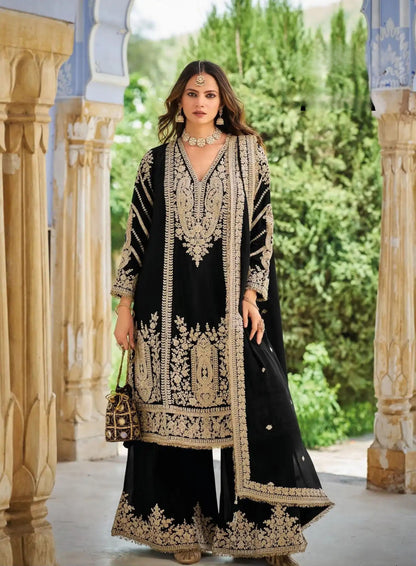 Black Chinon Embroidered Palazzo Suit (Free Size Stitched)