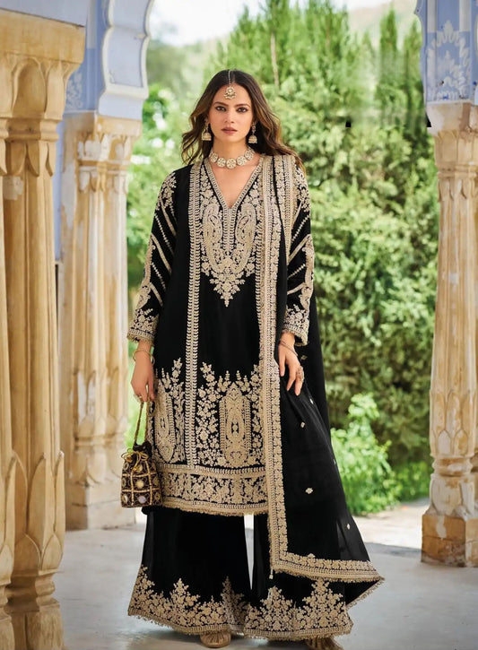 Black Chinon Embroidered Palazzo Suit (Free Size Stitched)