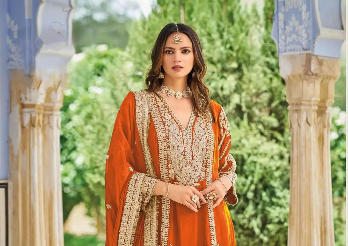 Orange Chinon Embroidered Palazzo Suit (Free Size Stitched)