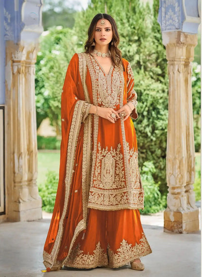 Orange Chinon Embroidered Palazzo Suit (Free Size Stitched)