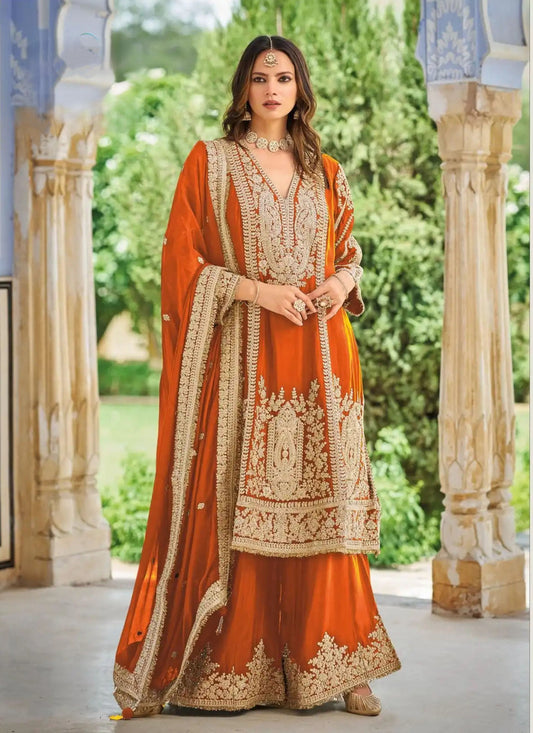 Orange Chinon Embroidered Palazzo Suit (Free Size Stitched)