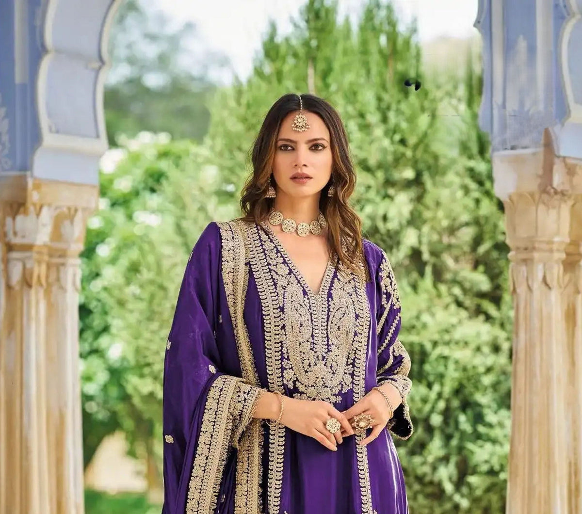Purple Chinon Embroidered Palazzo Suit (Free Size Stitched)