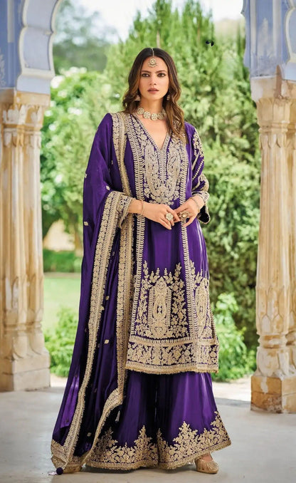 Purple Chinon Embroidered Palazzo Suit (Free Size Stitched)