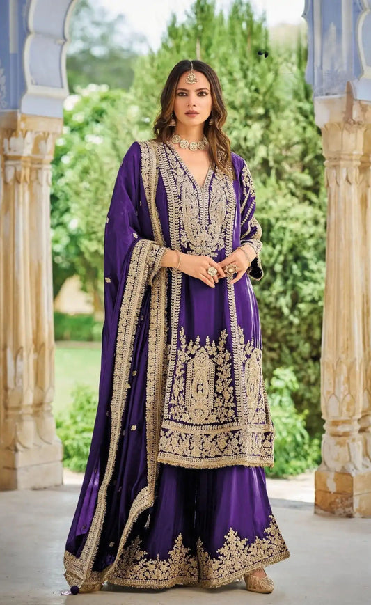 Purple Chinon Embroidered Palazzo Suit (Free Size Stitched)