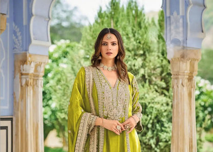Olive Green Chinon Embroidered Palazzo Suit (Free Size Stitched)