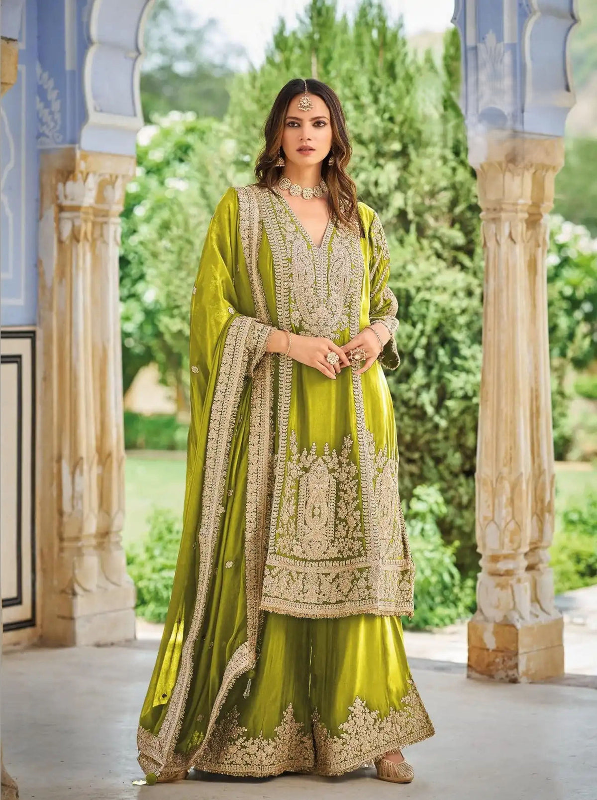 Olive Green Chinon Embroidered Palazzo Suit (Free Size Stitched)