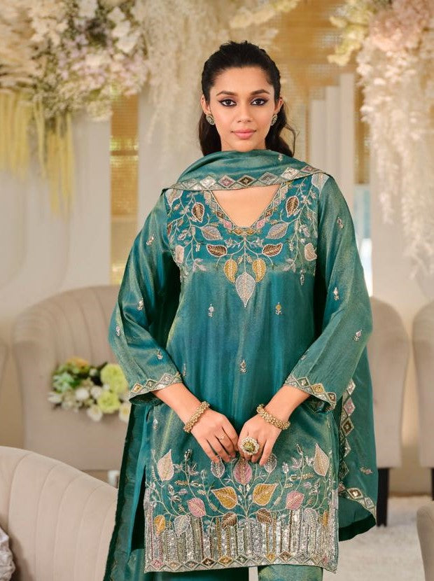 Teal Roman Silk Embroidered Straight Suit (Free Size Stitched)