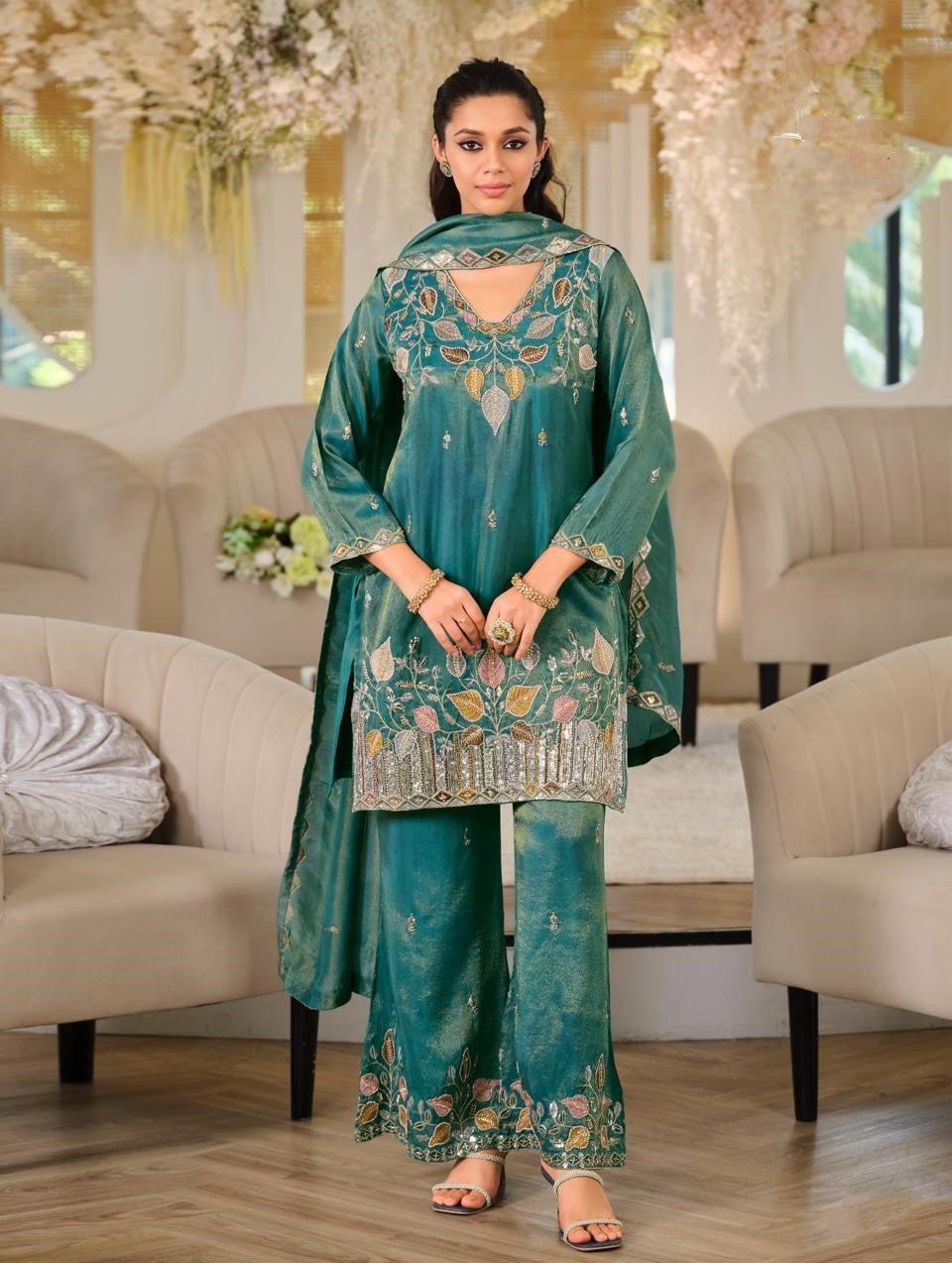 Teal Roman Silk Embroidered Straight Suit (Free Size Stitched)