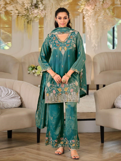 Teal Roman Silk Embroidered Straight Suit (Free Size Stitched)