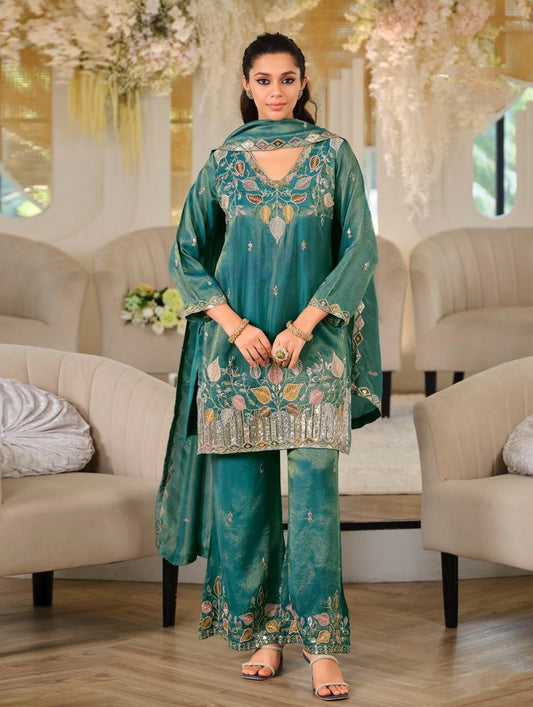 Teal Roman Silk Embroidered Straight Suit (Free Size Stitched)
