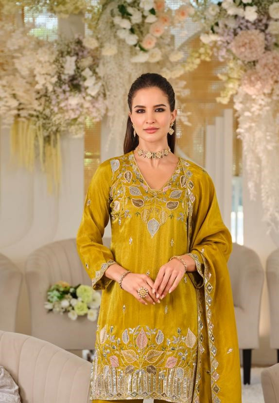 Mustard Yellow Roman Silk Embroidered Straight Suit (Free Size Stitched)