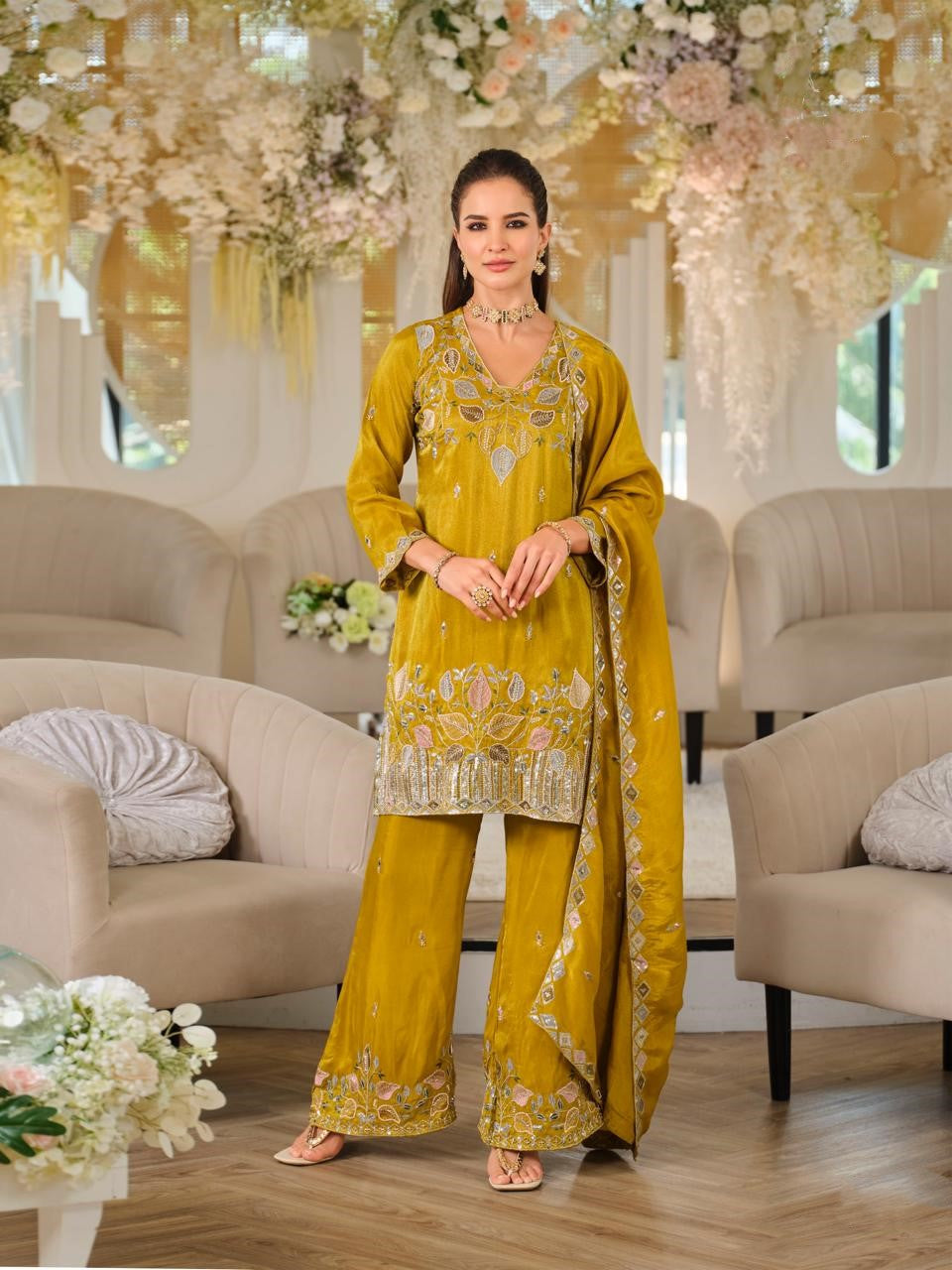 Mustard Yellow Roman Silk Embroidered Straight Suit (Free Size Stitched)