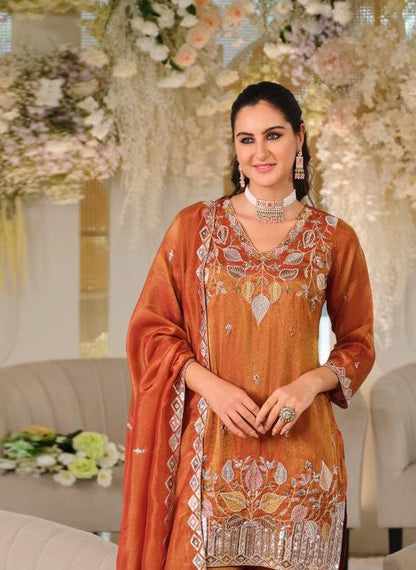 Orange Roman Silk Embroidered Straight Suit (Free Size Stitched)