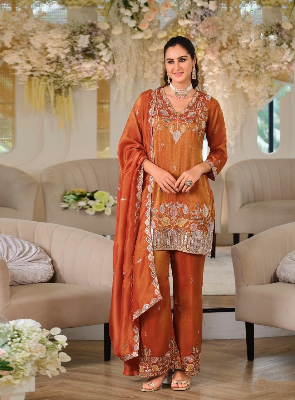 Orange Roman Silk Embroidered Straight Suit (Free Size Stitched)