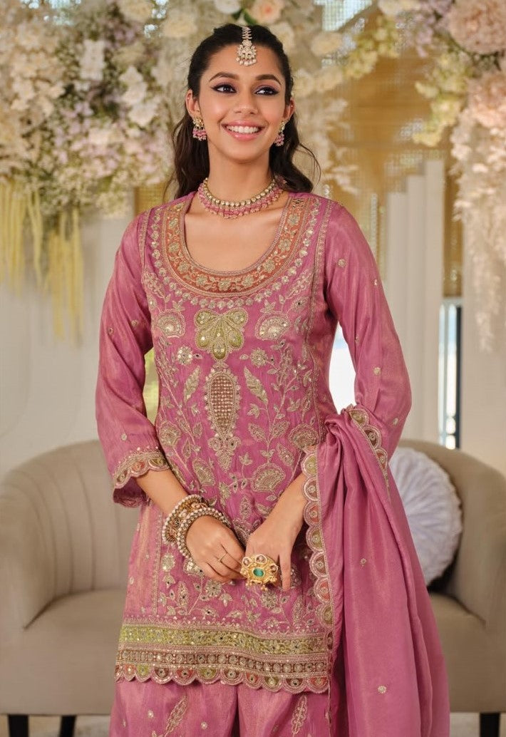Pink Silk Embroidered Sharara Suit (Free Size Stitched)