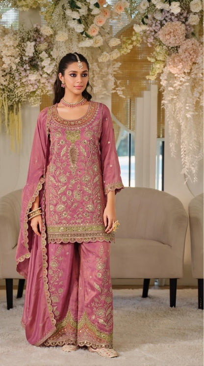 Pink Silk Embroidered Sharara Suit (Free Size Stitched)