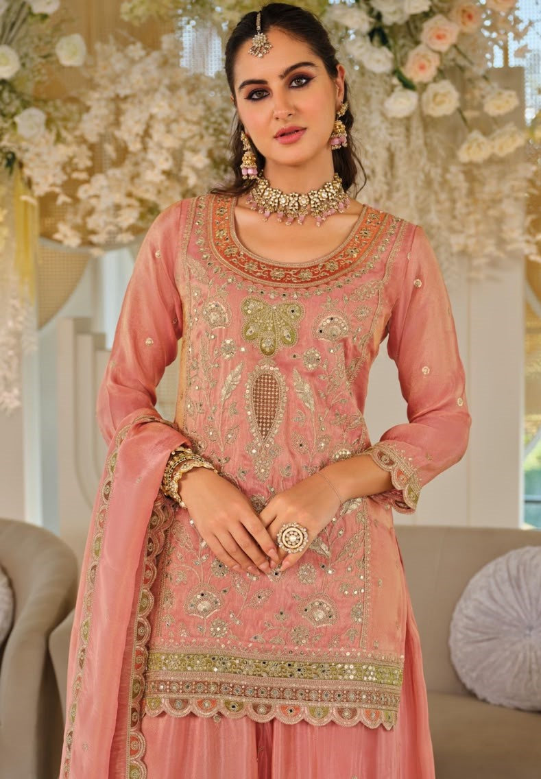 Peach Silk Embroidered Sharara Suit (Free Size Stitched)