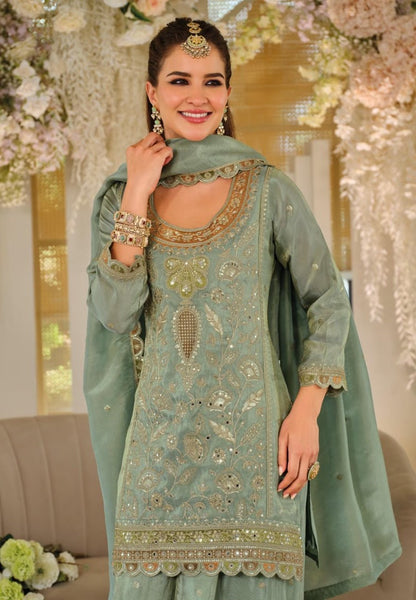 Greenish Gray Silk Embroidered Sharara Suit (Free Size Stitched)