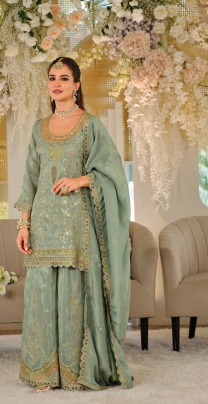 Greenish Gray Silk Embroidered Sharara Suit (Free Size Stitched)