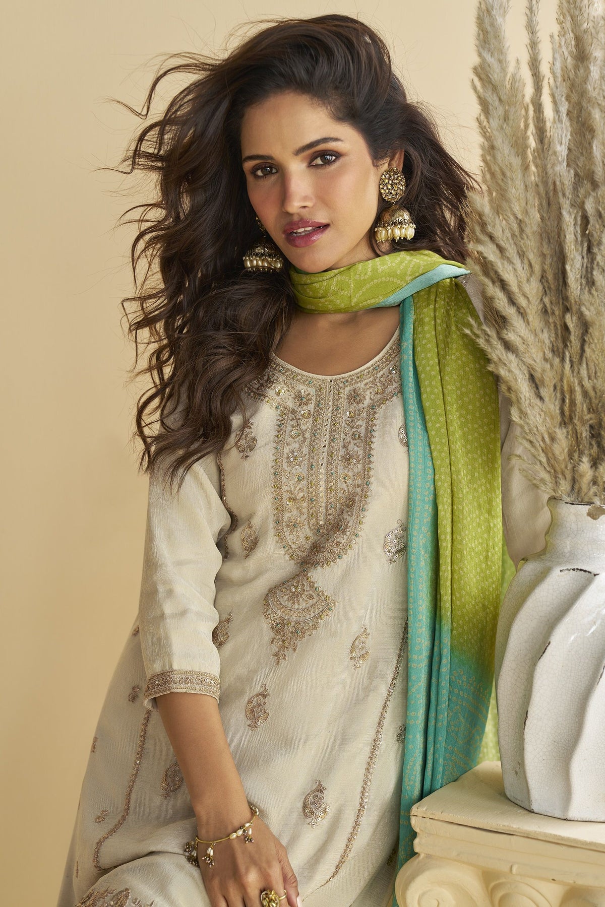 Off White Green Chinon Embroidered Sharara Suit (Free Size Stitched)