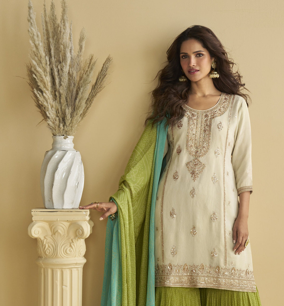 Off White Green Chinon Embroidered Sharara Suit (Free Size Stitched)