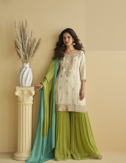 Off White Green Chinon Embroidered Sharara Suit (Free Size Stitched)