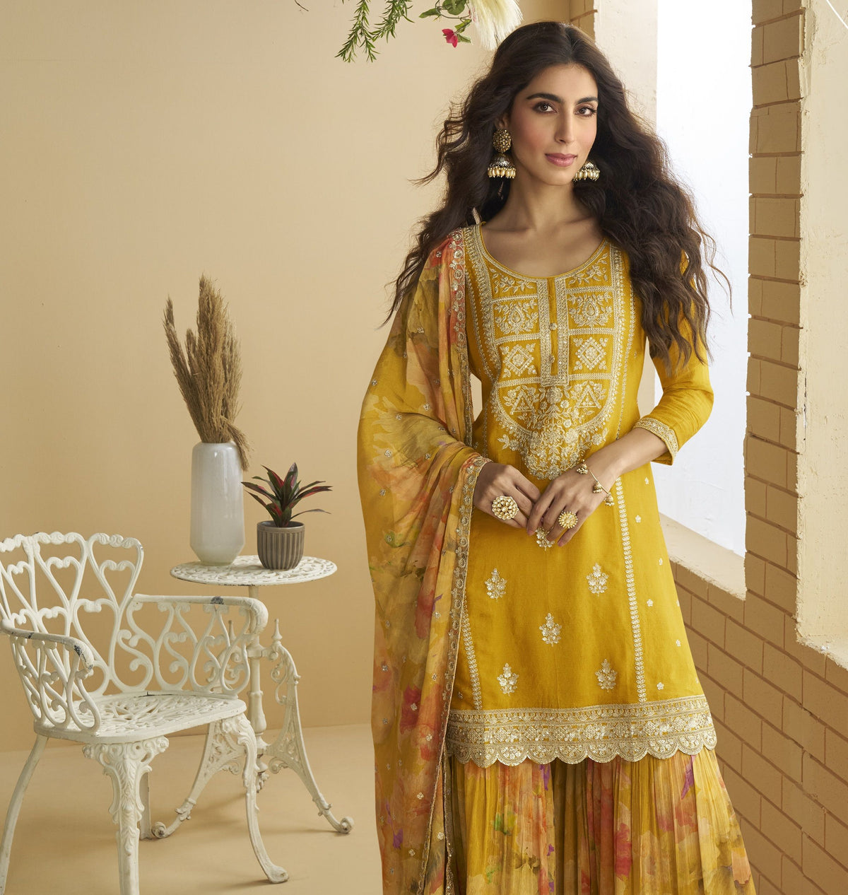 Mustard Yellow Chinon Embroidered Sharara Suit (Free Size Stitched)