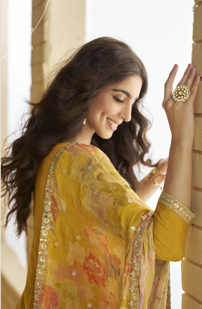 Mustard Yellow Chinon Embroidered Sharara Suit (Free Size Stitched)