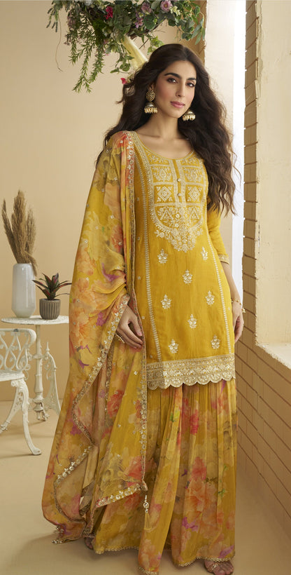 Mustard Yellow Chinon Embroidered Sharara Suit (Free Size Stitched)