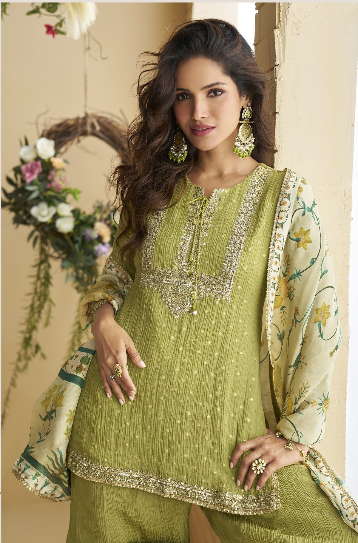 Light Green Chinon Embroidered Sharara Suit (Free Size Stitched)