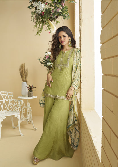 Light Green Chinon Embroidered Sharara Suit (Free Size Stitched)