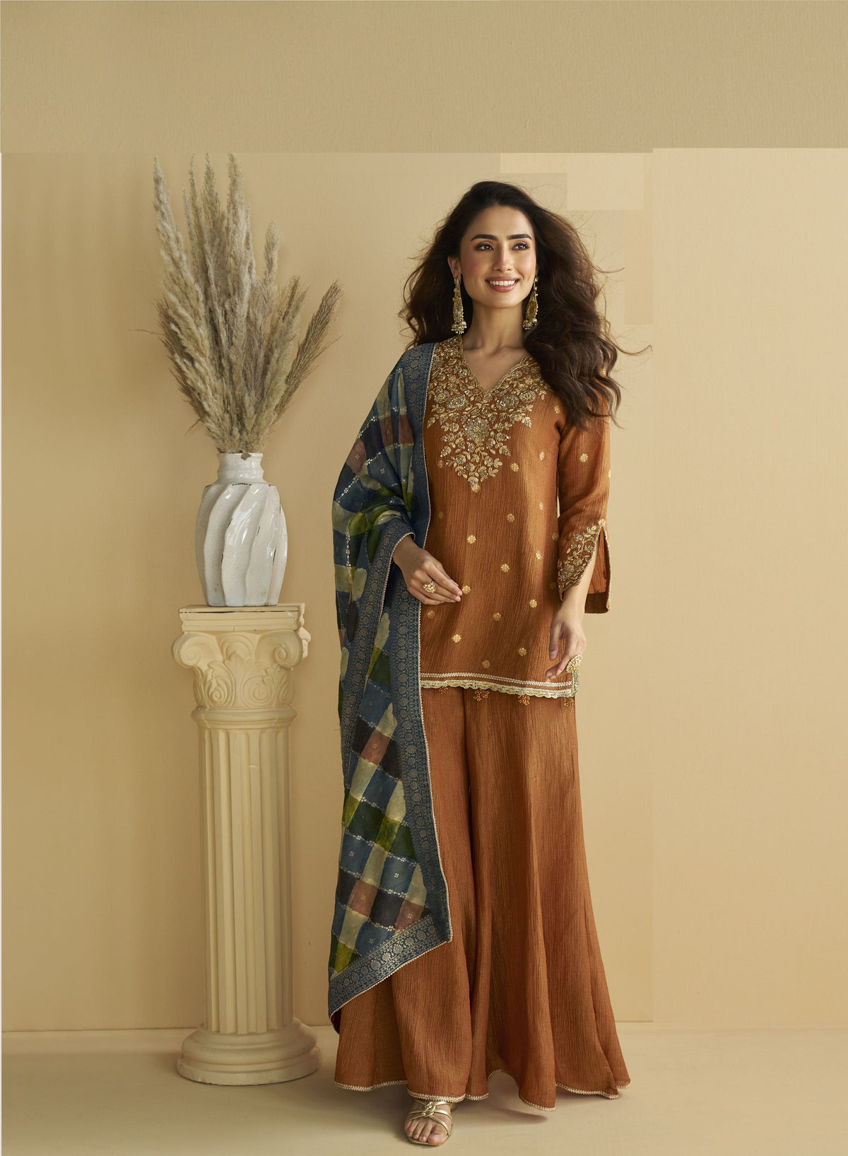 Brown Chinon Embroidered Sharara Suit (Free Size Stitched)