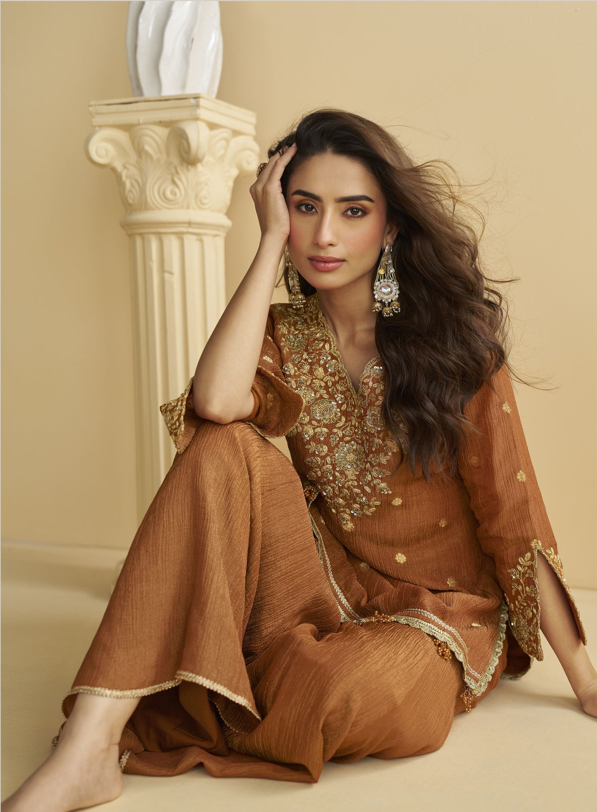 Brown Chinon Embroidered Sharara Suit (Free Size Stitched)