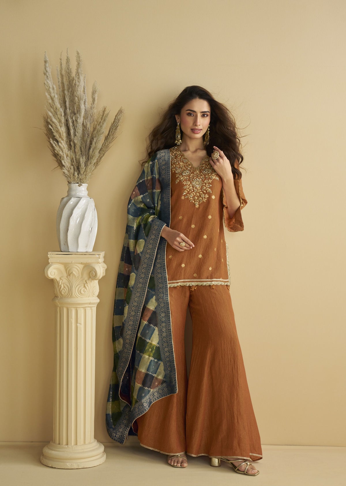Brown Chinon Embroidered Sharara Suit (Free Size Stitched)