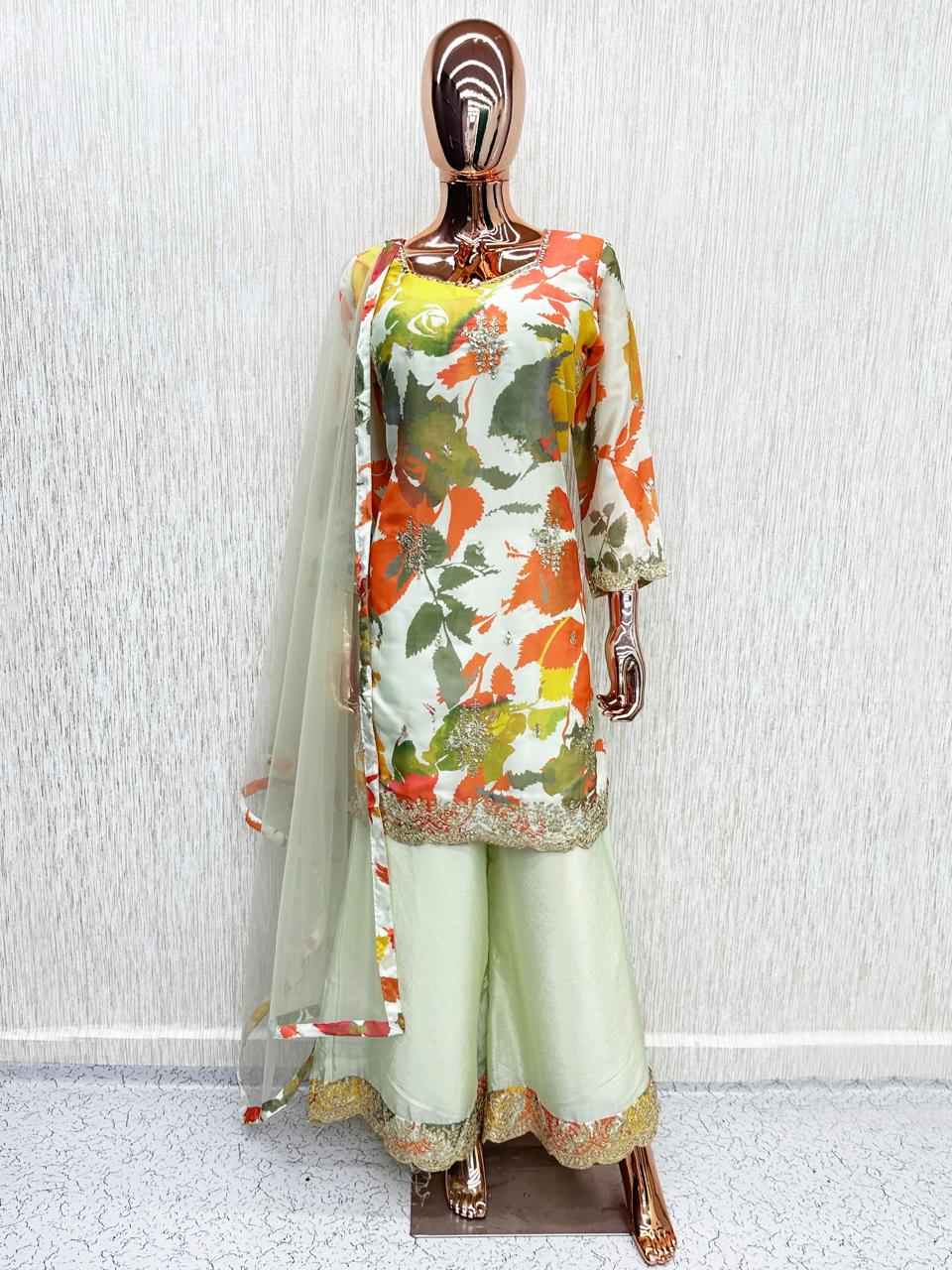 Cream Multicolour Chinon Printed Embroidered Palazzo Suit (Free Size Stitched)
