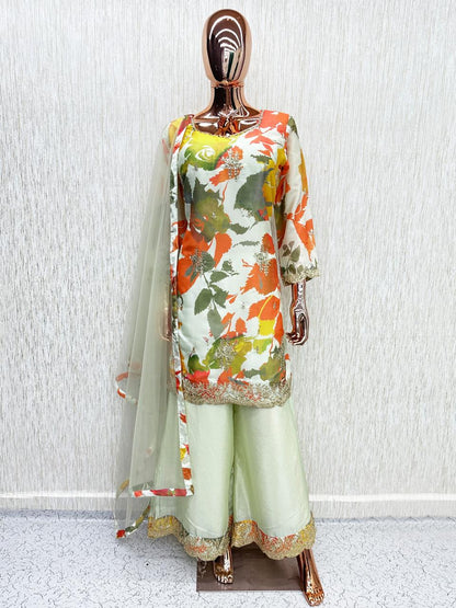 Cream Multicolour Chinon Printed Embroidered Palazzo Suit (Free Size Stitched)